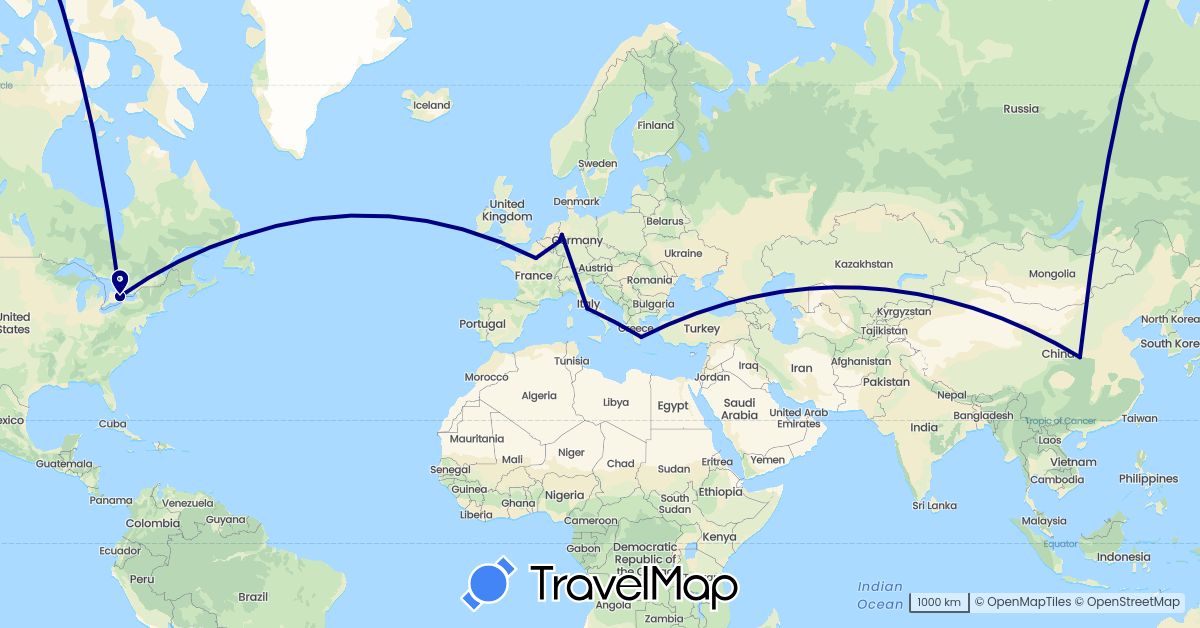 TravelMap itinerary: driving in Canada, China, Germany, France, Greece, Vatican City (Asia, Europe, North America)